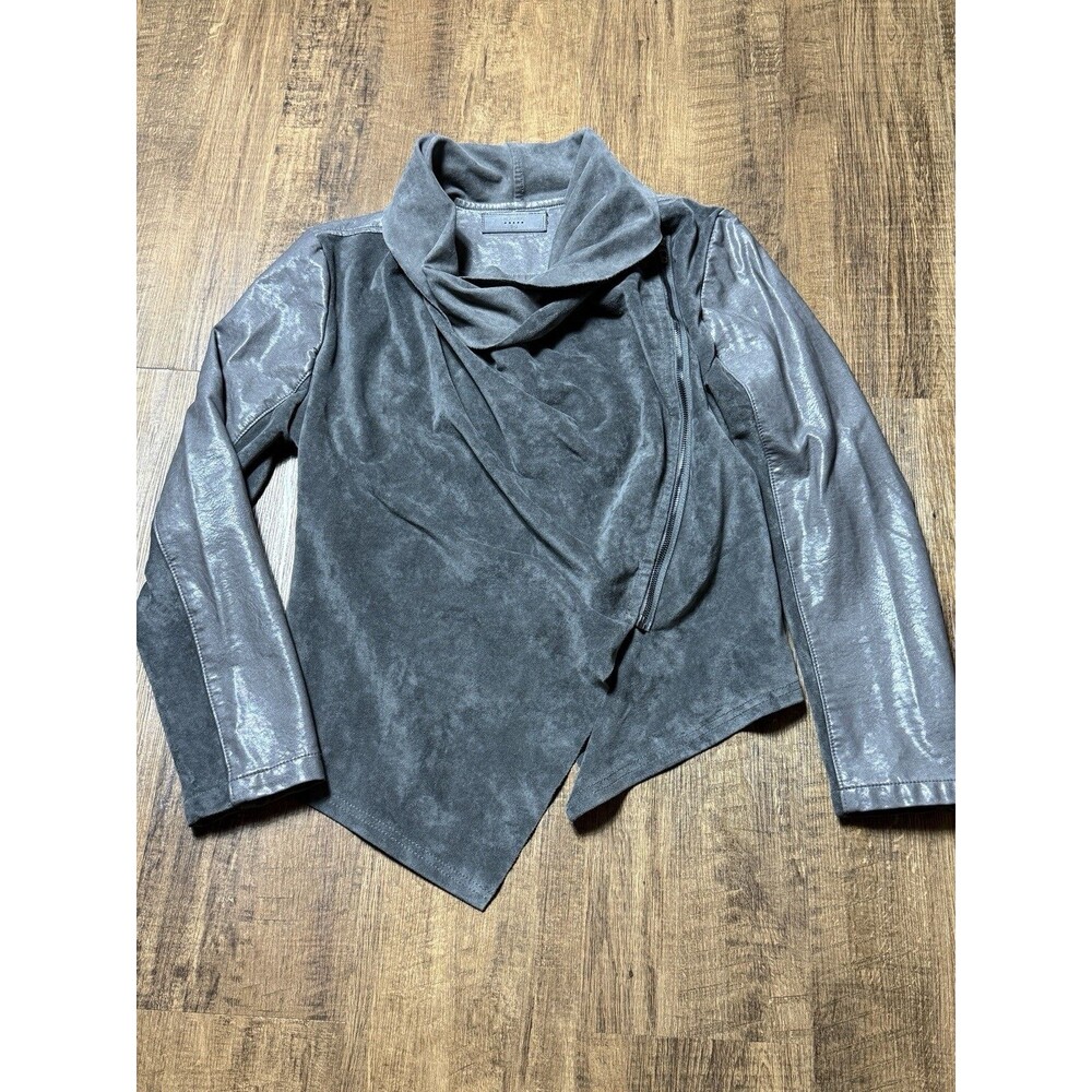 BLANKNYC Gray Leather Suede Side Zip Front Drape Jacket Womens Med Biker Grunge - Picture 2 of 11